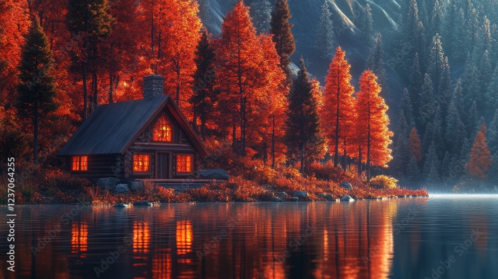 Naklejka premium Autumn Cabin Lakeside Peaceful Forest Scenery