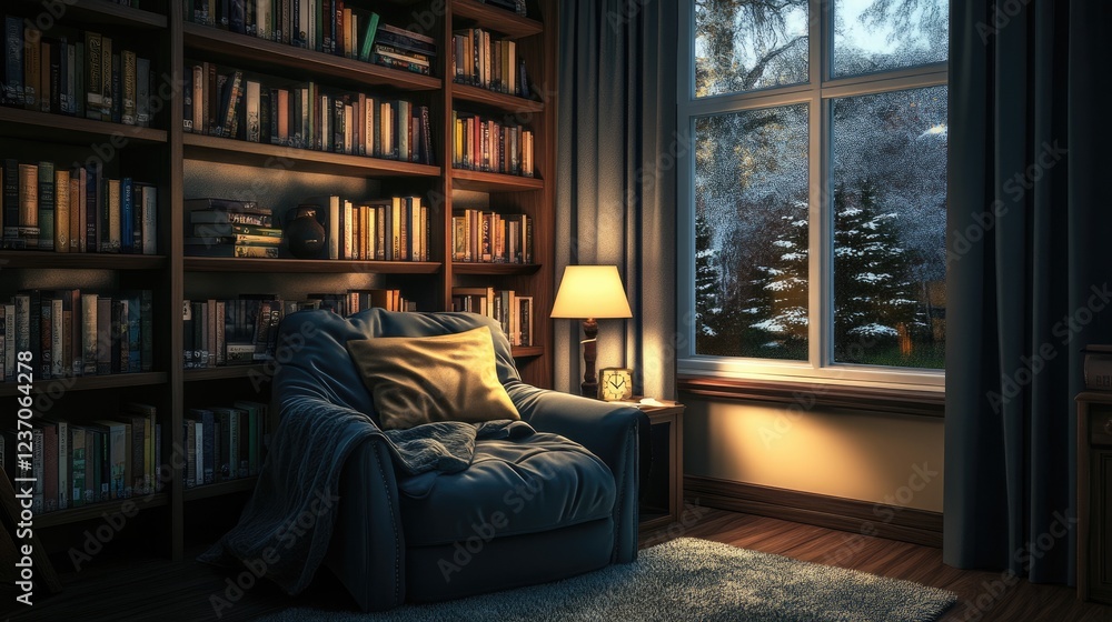 Fototapeta premium Cozy Reading Nook Near Window on Rainy Evening