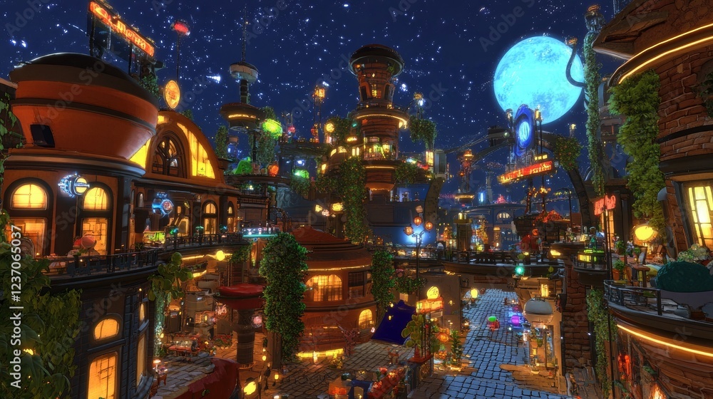 A Nighttime View of a Whimsical Futuristic Cityscape A Nighttime View of a Whimsical Futuristic Cityscape