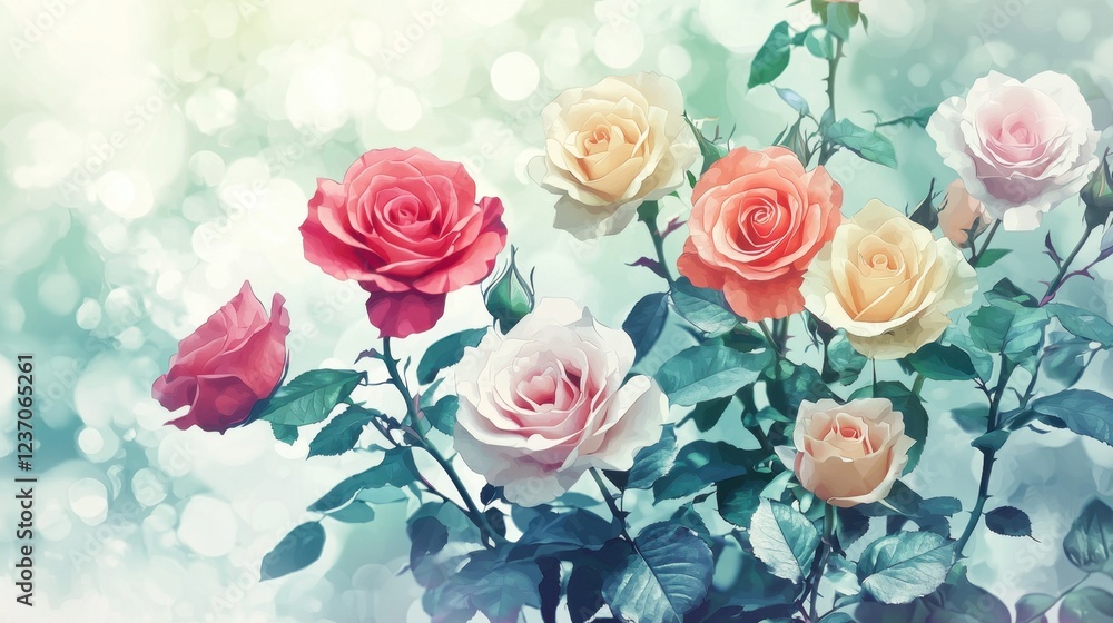 Obraz premium Roses of various colors beautifully blossom in a lush garden. Soft light enhances their vibrant hues, creating a peaceful and enchanting environment for onlookers