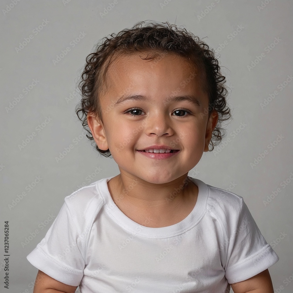 Adorable curly-haired toddler with bright smile and sparkling eyes in soft light Adorable curly-haired toddler with bright smile and sparkling eyes in soft light