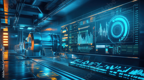  Industrial Nuclear Power Plant with Visible Reactors and Turbines, Set Against Digital Screens Displaying Energy Market Graphs and Nuclear Energy Price Fluctuations