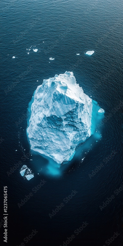 Fototapeta premium Aerial view of drifting icebergs in the cold ocean, a stunning natural scene with crystal-clear water and ice textures, perfect for themes of ecology, climate, and polar landscapes