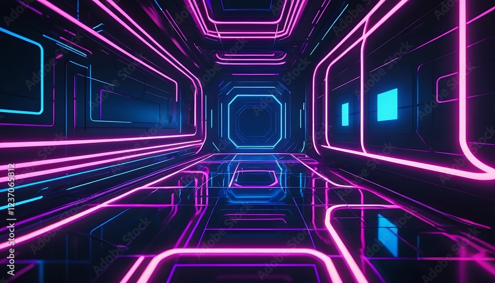 Neon-Lit Futuristic Corridor: Vibrant Pink and Blue Glowing Lines Neon-Lit Futuristic Corridor: Vibrant Pink and Blue Glowing Lines