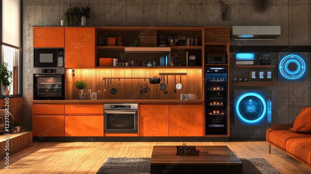 Fototapeta premium Modern Orange Kitchen With Smart Home Technology Integration