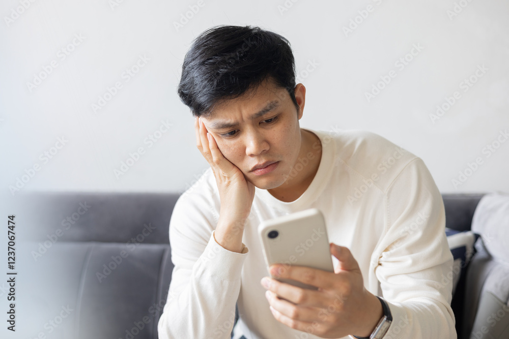 close up asian teenager man feeling bored while playing smartphone at house for teenage and technology life concept close up asian teenager man feeling bored while playing smartphone at house for teenage and technology life concept