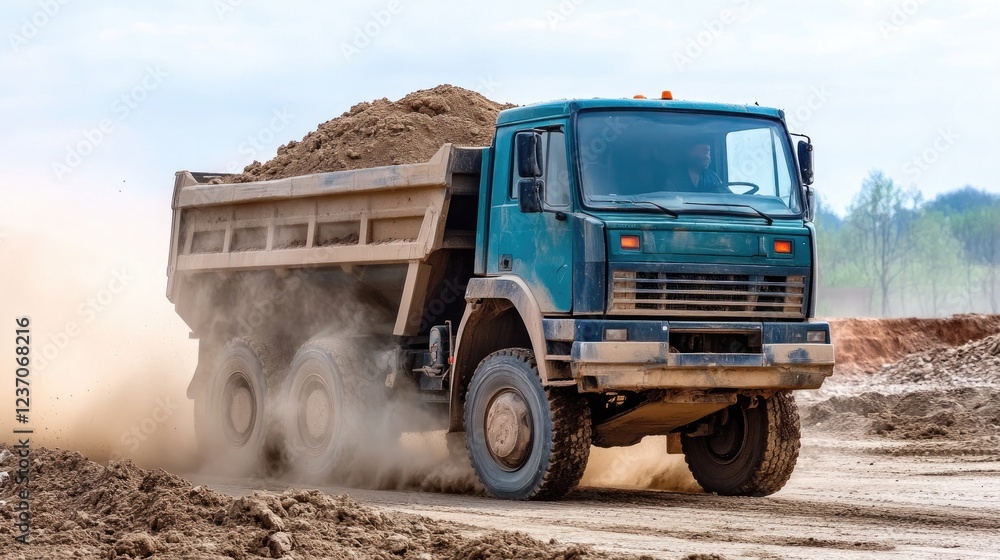 Obraz premium Large dump truck hauling a load of dirt on a construction site