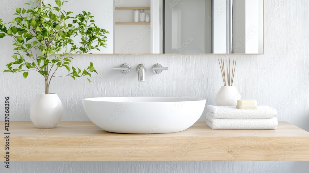 Fototapeta premium Modern bathroom sink, wood counter, plants, serene