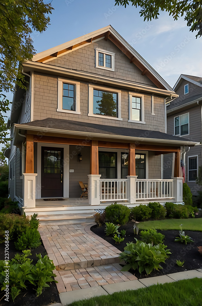 Obraz premium Dream Suburban Home: Craftsman Style House Exterior with Landscaping and Porch