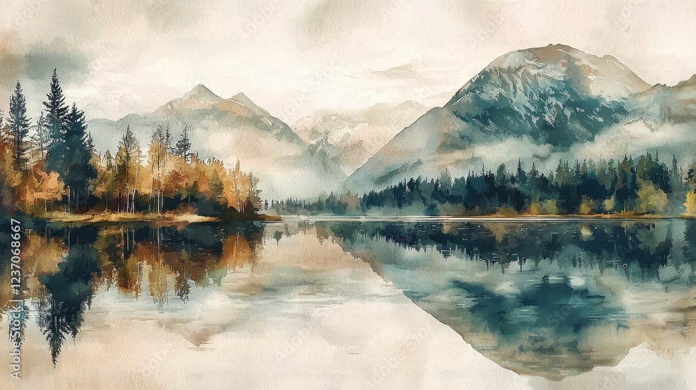 Naklejka premium A tranquil lakeside view reveals majestic mountains and colorful autumn trees reflecting on still water. The soft dawn light enhances the serene atmosphere