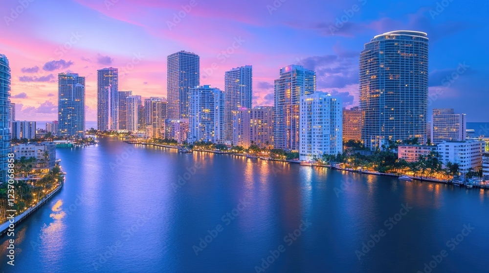 Miami Skyscrapers at Dusk Cityscape Waterfront View Miami Skyscrapers at Dusk Cityscape Waterfront View