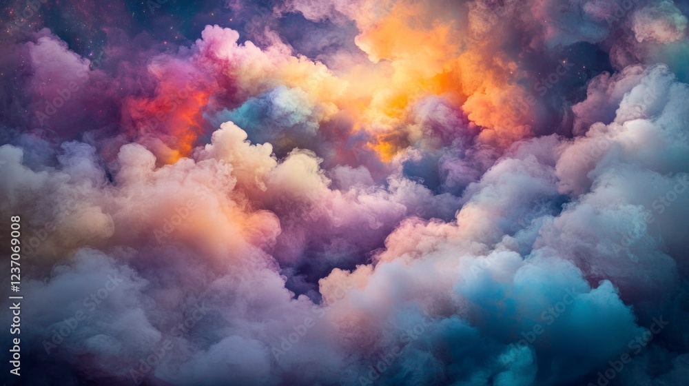 A vibrant and colorful background with clouds of smoke, creating an atmosphere reminiscent of the rainbow's colors in space. A vibrant and colorful background with clouds of smoke, creating an atmosphere reminiscent of the rainbow's colors in space.