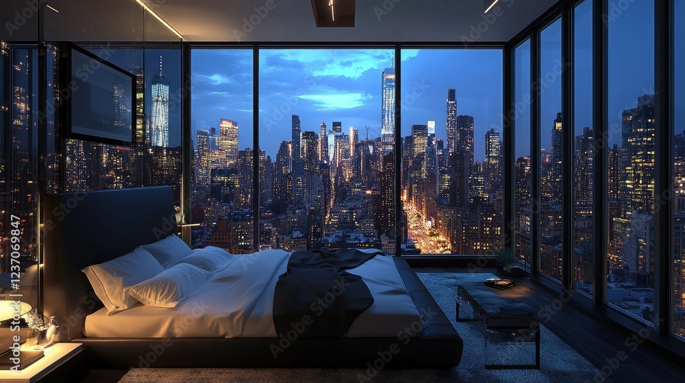 Fototapeta premium Modern Bedroom Overlooking Night City Skyline