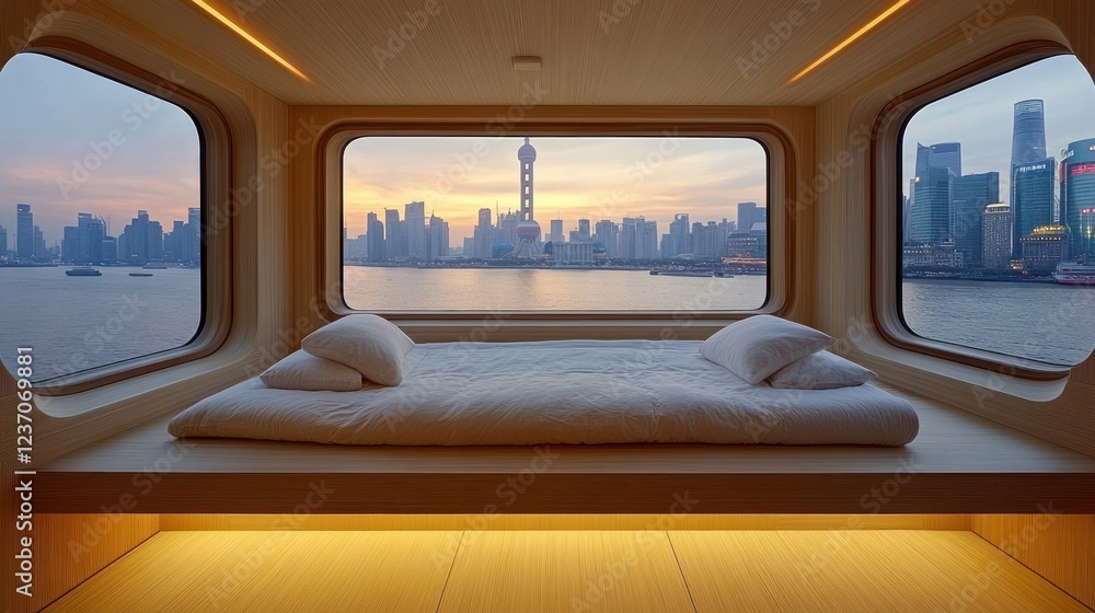 Serene Shanghai Skyline View from a Luxurious Vessel Cabin