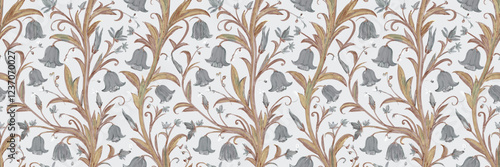 Repeating floral pattern with stylized, beige-colored stems and leaves, and small, bluebell-like flowers against a light background.