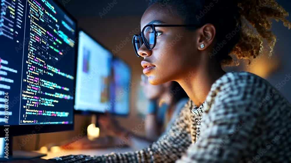 Focused programmer coding at night with multiple screens Focused programmer coding at night with multiple screens