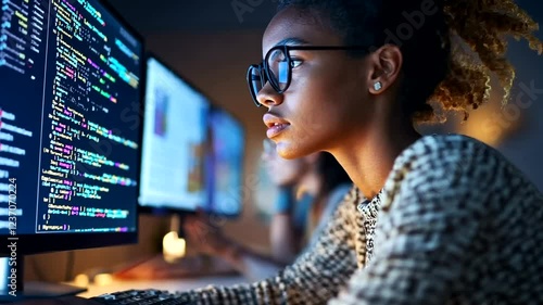 Focused programmer coding at night with multiple screens
