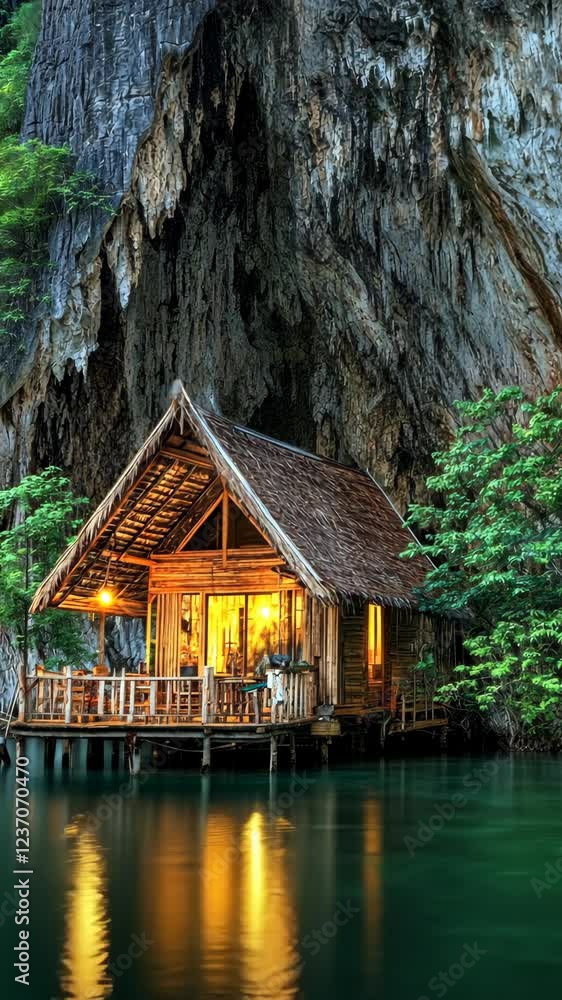 Cozy wooden cabin illuminated at dusk surrounded by rock cliffs and tranquil waters in a remote location Cozy wooden cabin illuminated at dusk surrounded by rock cliffs and tranquil waters in a remote location