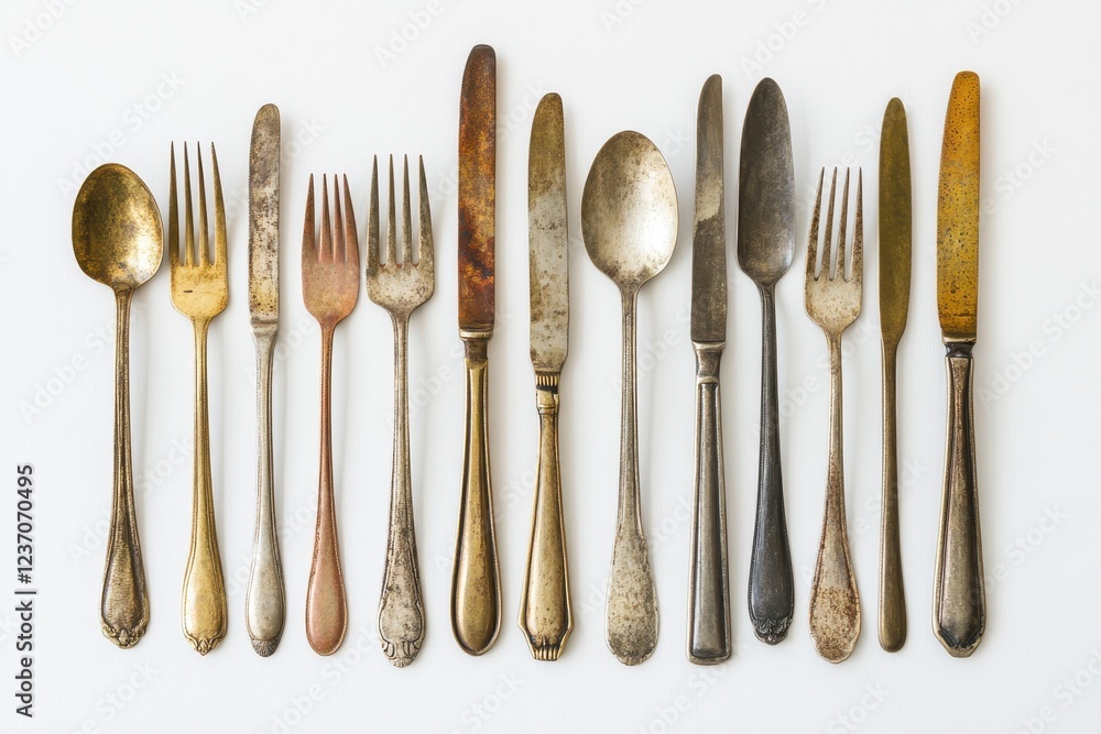 Aerial perspective of utensils on a white backdrop Aerial perspective of utensils on a white backdrop