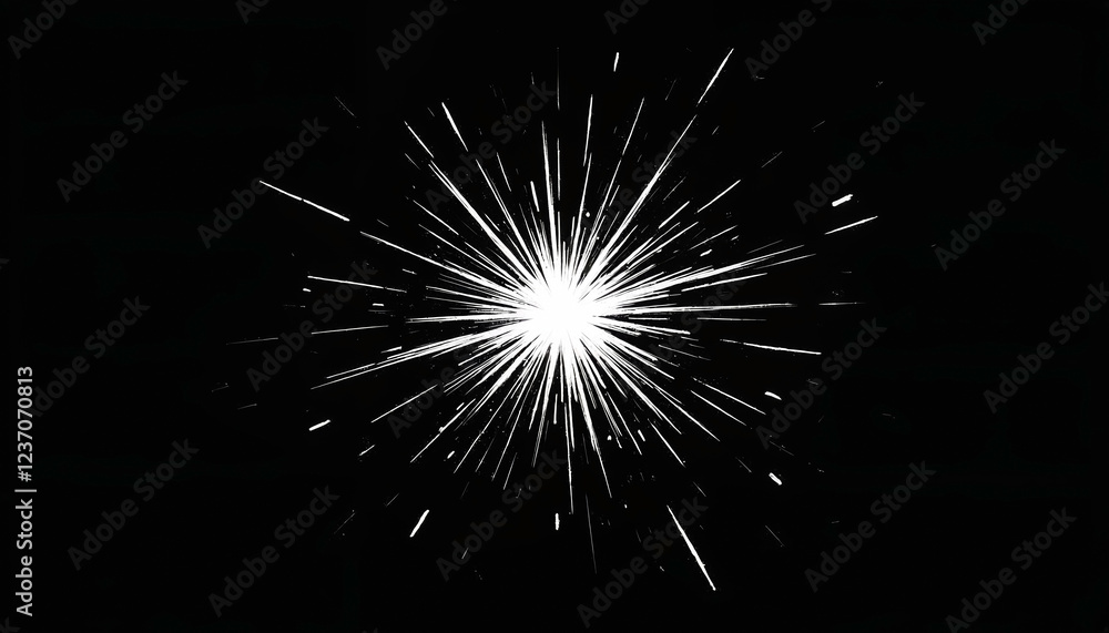 White starburst with rays on black background. Modern abstract burst effect. Motion concept. Background for design, banner, poster with copy space White starburst with rays on black background. Modern abstract burst effect. Motion concept. Background for design, banner, poster with copy space