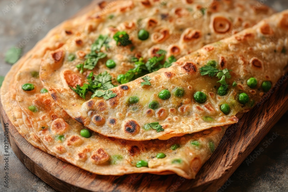 Aloo Mutter a dry Indian dish of spiced potatoes and green peas garnished with coriander and served with roti or chapati Aloo Mutter a dry Indian dish of spiced potatoes and green peas garnished with coriander and served with roti or chapati
