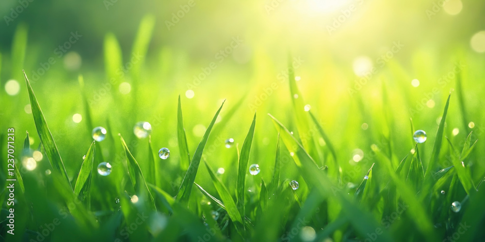 Spring green grass with water drops, dew, and bokeh lights. Fresh morning nature. Ecology and environment concept. Background for banner, poster, wallpaper. Top view. Copy space. Spring green grass with water drops, dew, and bokeh lights. Fresh morning nature. Ecology and environment concept. Background for banner, poster, wallpaper. Top view. Copy space.