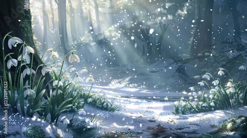 In the forest, snowdrops bloom 