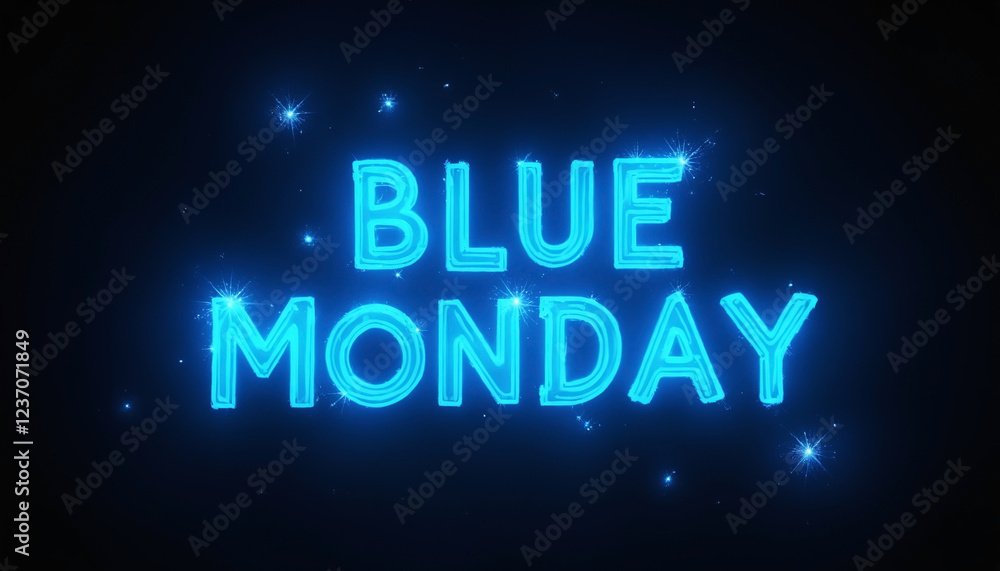 Obraz premium Blue Monday text, glowing neon letters on dark background. Winter depressing feeling concept. Template for poster, banner, card. Copy space