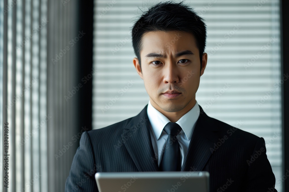 Asian entrepreneur reviewing market data iPad stock app desktop market analysis young exec with stock chart backdrop