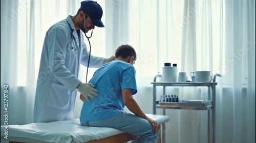 A male doctor examines a young boy in a clinic setting, ensuring a calm environment.