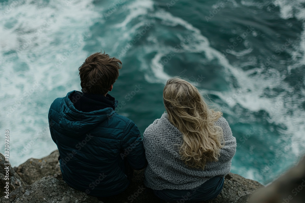 Fototapeta premium couple sitting close together on rocky cliff, overlooking ocean waves. scene captures moment of connection and tranquility amidst nature beauty