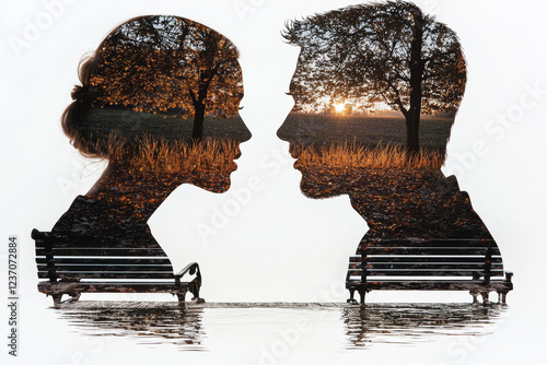 double exposure image of couple profile with sunset and trees in background, evoking sense of connection and nature photo