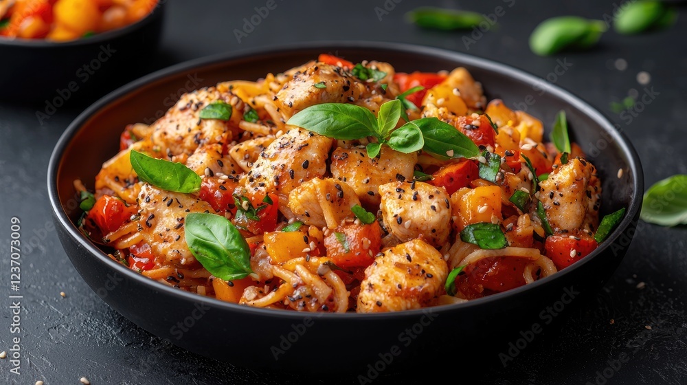 Chicken pasta dish with tomatoes and basil, dark background, food photography, recipe illustration Chicken pasta dish with tomatoes and basil, dark background, food photography, recipe illustration