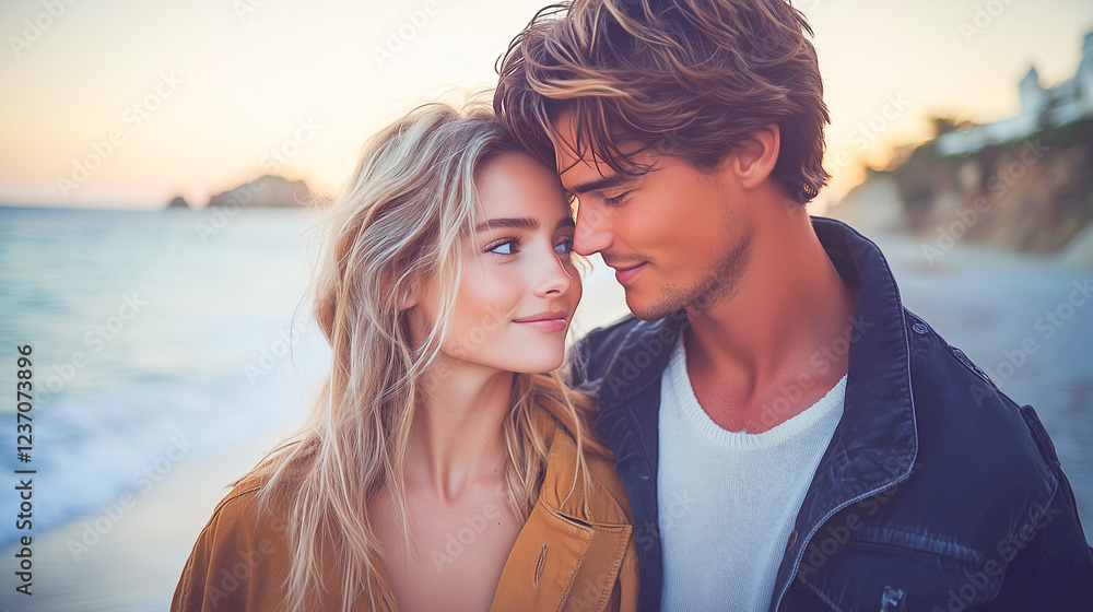 Couple enjoying a romantic moment on the beach during sunset near a coastal town Couple enjoying a romantic moment on the beach during sunset near a coastal town
