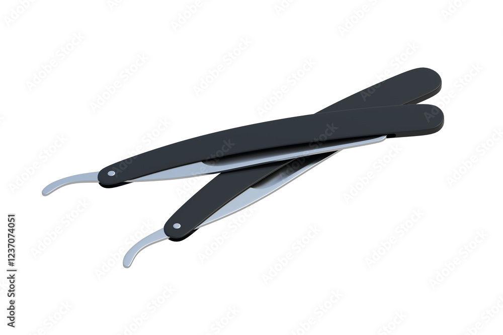 Obraz premium Two straight razors for shaving isolated on white background. Barber tool. Barbershop accessory. 3d render