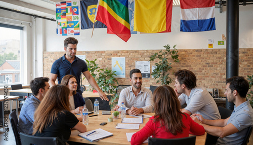 Diverse job candidates collaborating in workspace, cultural unity
