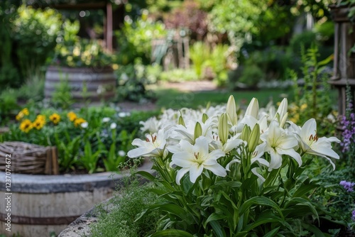 Blooming Longflower Easter or White Trumpet Lilies in the garden photo