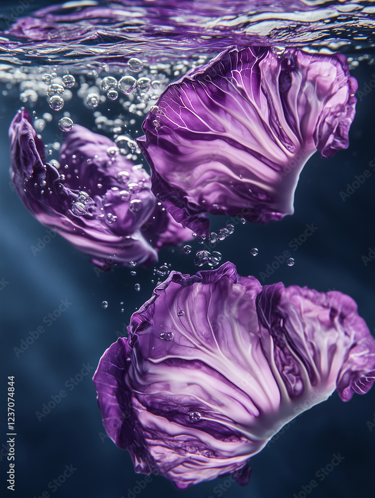 Obraz premium underwater shot of purple cabbage slices in hues of vivid violet, suspended gracefully in water with delicate air bubbles clinging to their surfaces