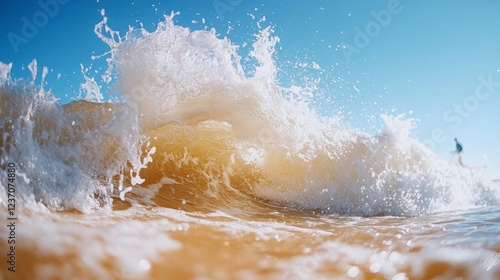 A dynamic shot of a surfer catching a large wave in the early morning light, with water splashing around. The surfer is in mid-motion, riding the wave effortlessly, with a clear blue sky overhead. photo