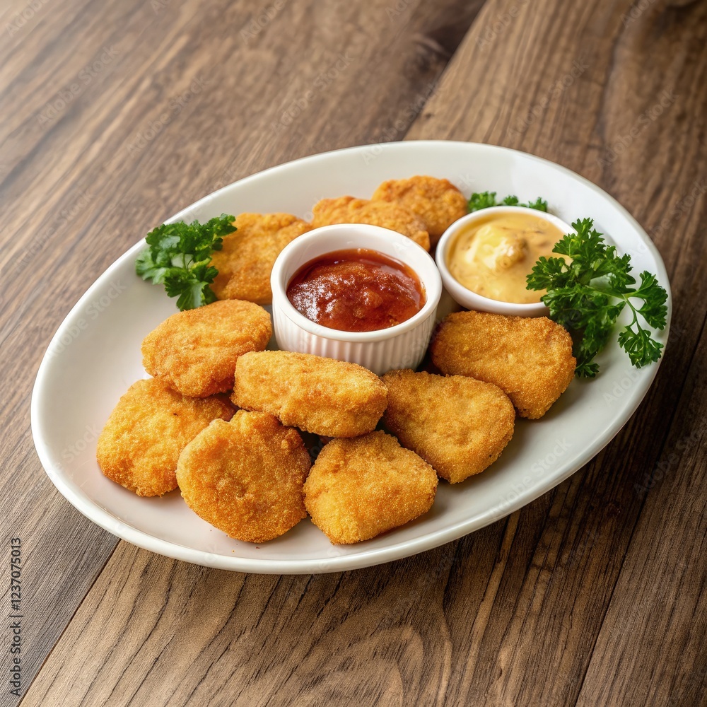 Golden Chicken Nuggets Served With Dipping Sauces on a Plate. Generative AI Golden Chicken Nuggets Served With Dipping Sauces on a Plate. Generative AI