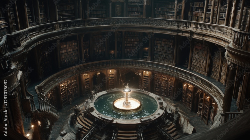 Obraz premium Circular Library With Central Fountain And Bookshelves