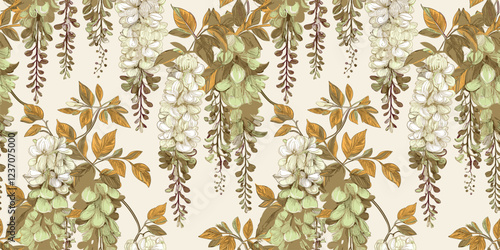 a pattern of wisteria flowers and leaves on a white background. The wisteria flowers are depicted in shades of purple, hanging in elegant clusters, while the leaves are rendered in golden hues. 