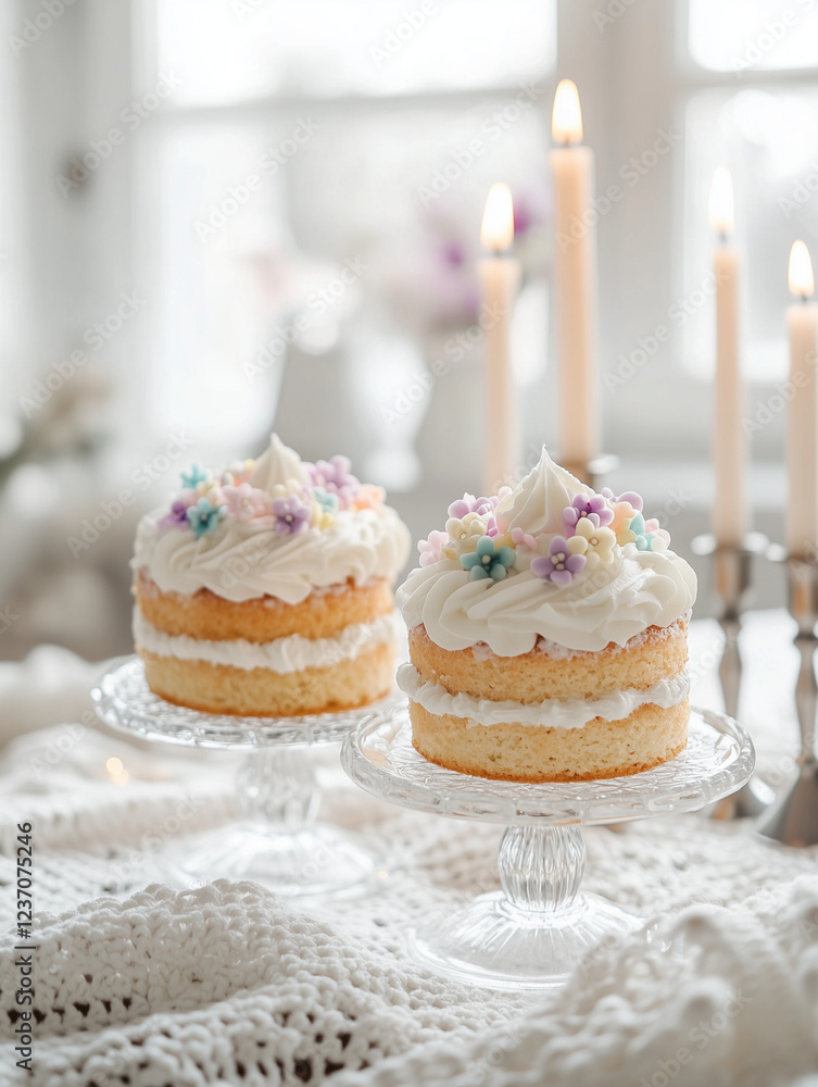 A serene and minimalist Easter setting, featuring a pair of beautifully decorated traditional cakes topped with whipped cream A serene and minimalist Easter setting, featuring a pair of beautifully decorated traditional cakes topped with whipped cream