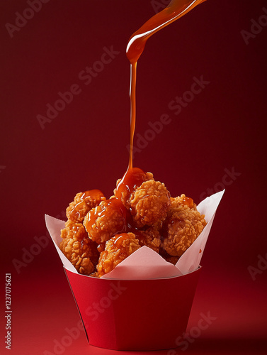 A vibrant and dynamic close-up of golden, crispy popcorn chicken arranged in a paper wrap, drenched with rich hot buffalo sauce being poured from above