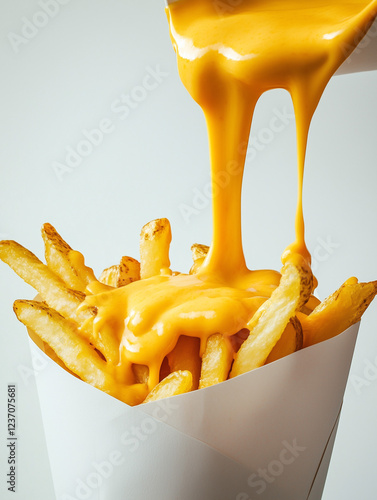 A vibrant and dynamic close-up of golden, crispy French fries arranged in a paper wrap, drenched with rich cheddar cheese sauce being poured from above
