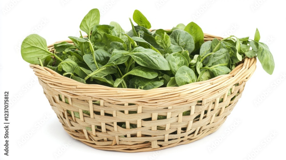 Fresh Spinach in a Wicker Basket: Healthy and Nutritious Food Fresh Spinach in a Wicker Basket: Healthy and Nutritious Food