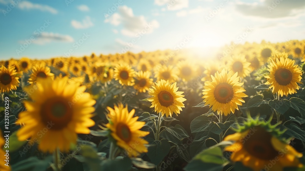 Fototapeta premium A lush field of sunflowers stretching out to the horizon under a bright blue sky, with a few scattered clouds a gentle breeze swaying the flowers. The sun casts long shadows, adding depth to scene
