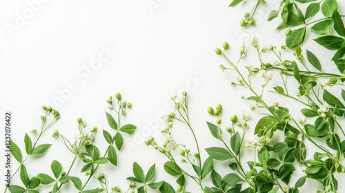 Wallpaper Mural Elegant White Flowers and Green Leaves on White Background Torontodigital.ca