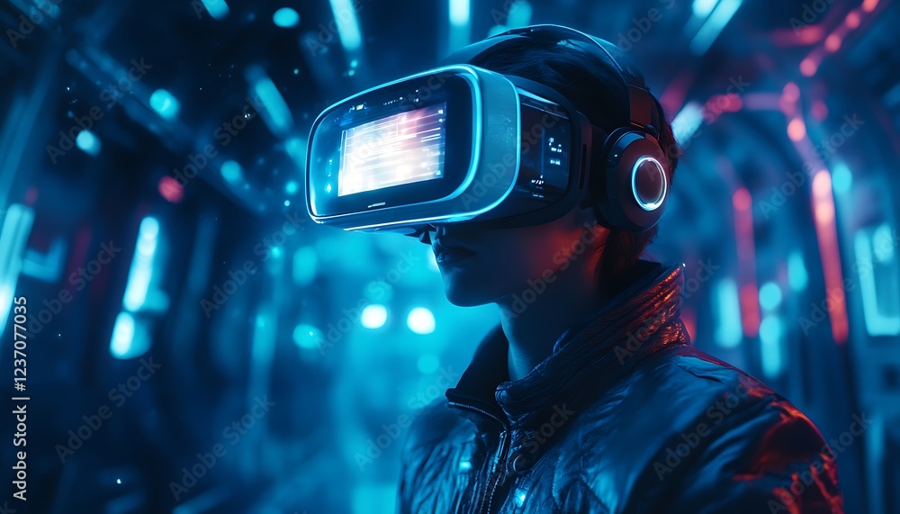 Person wearing VR headset in a futuristic neon-lit city. Person wearing VR headset in a futuristic neon-lit city.