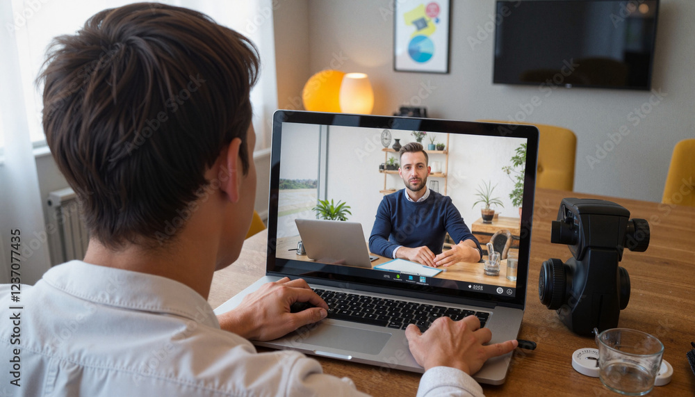 Freelancer collaborating during online meeting in modern workspace, productivity Freelancer collaborating during online meeting in modern workspace, productivity